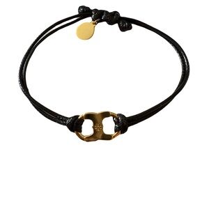 Tory Burch Gold Black Leather and Foundation Bracelet